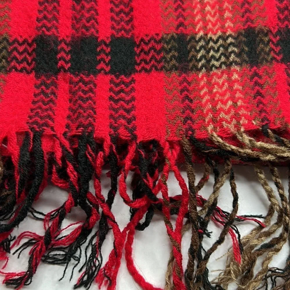 ABG red black and tan fringed men’s winter scarf EUC